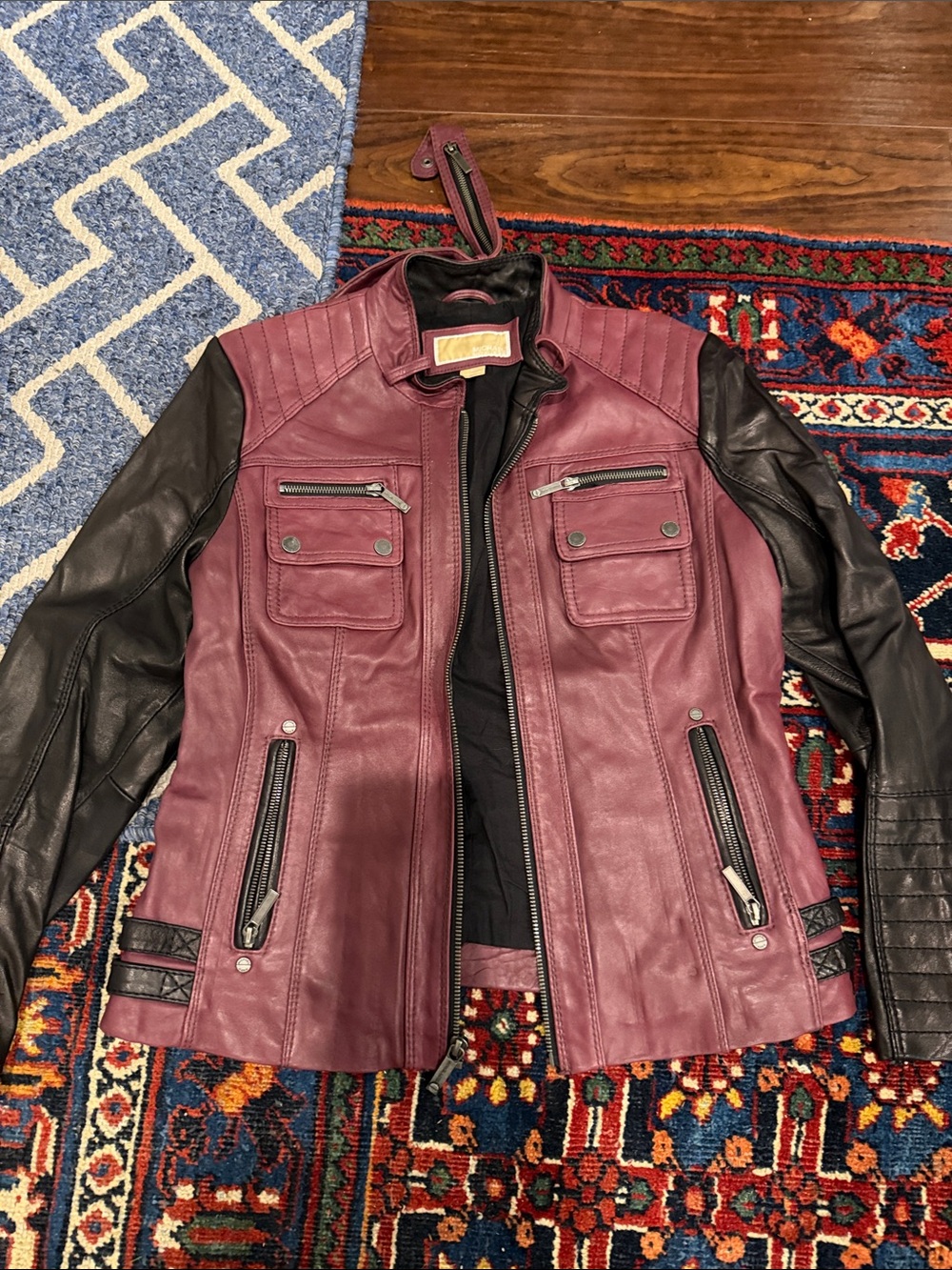 Michael Kors large Women’s Two-Tone Leather Jacket in Burgundy and Black